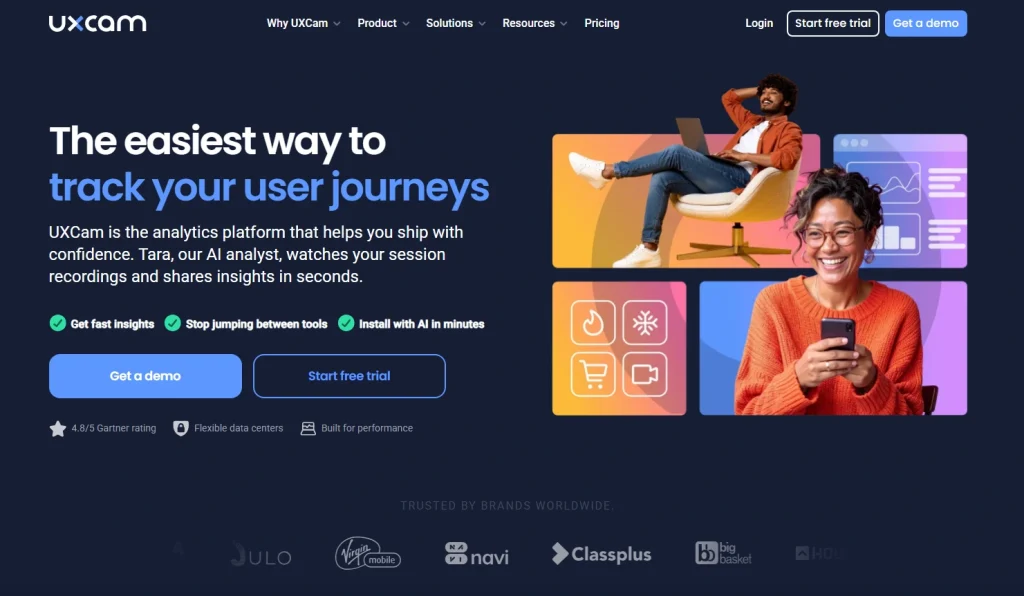 XCam homepage hero banner promoting user journey analytics with AI-powered session insights, demo and free trial CTA buttons, and lifestyle visuals on a dark background.
