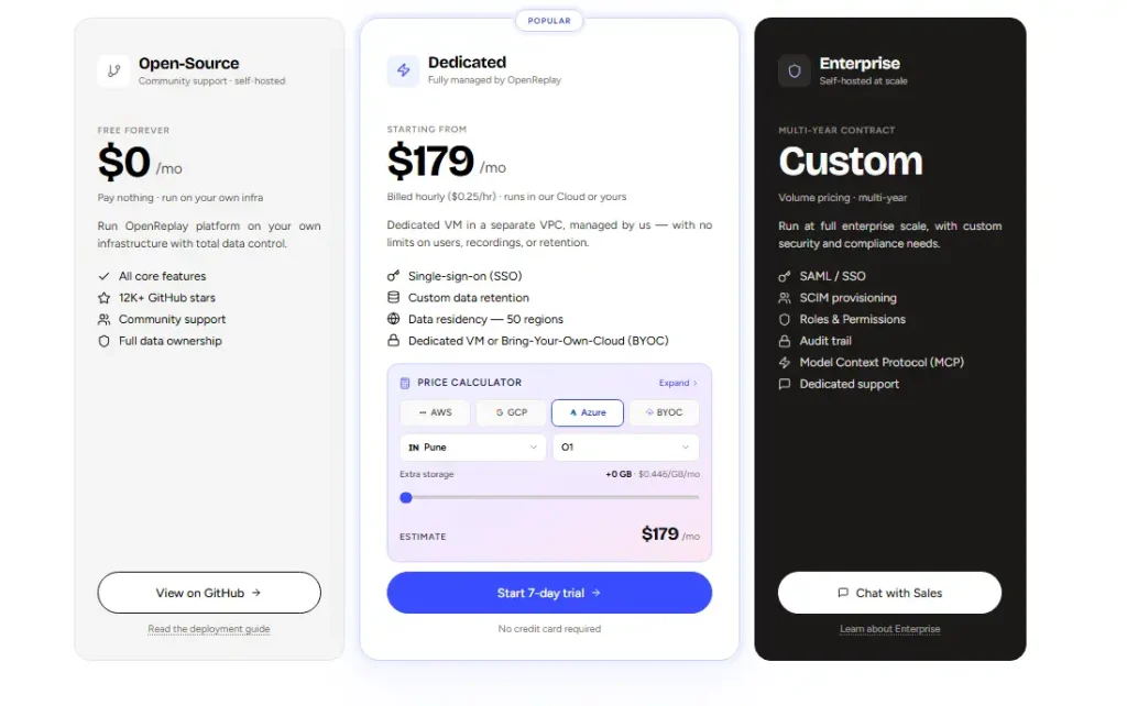 OpenReplay pricing page showing Open-Source, Dedicated, and Enterprise plans with monthly pricing, deployment options, SSO, data retention, BYOC support, and sales or trial CTAs.