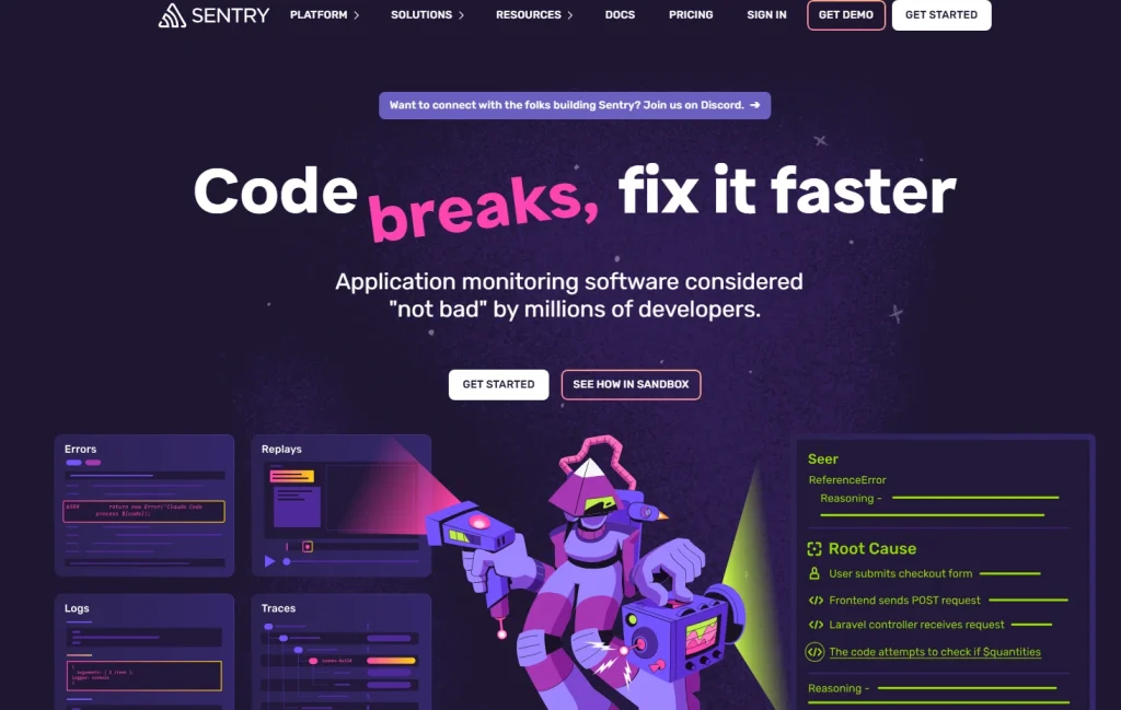 Sentry pricing page showing Developer, Team, Business, and Enterprise plans with monthly pricing, feature lists, and trial or contact sales buttons.