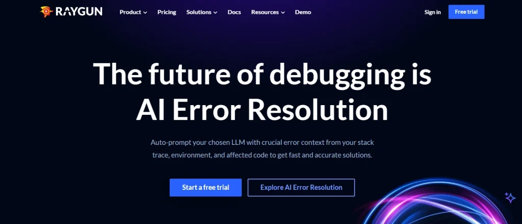 Raygun homepage hero banner with the headline “The future of debugging is AI Error Resolution” and CTA buttons for starting a free trial and exploring AI error resolution.