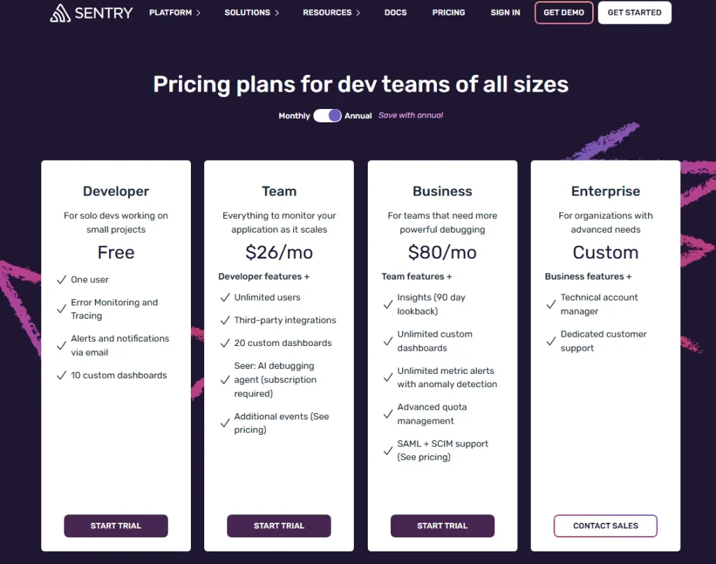 Sentry pricing page showing Developer, Team, Business, and Enterprise plans with monthly pricing, feature lists, and trial or contact sales buttons.