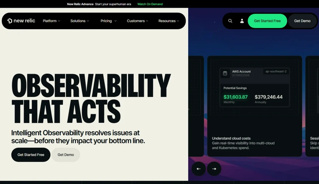 New Relic homepage hero banner with the headline “Observability That Acts” and a product interface showing cloud cost visibility, AWS account savings, and monitoring dashboards.