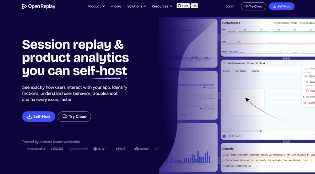 OpenReplay homepage hero banner with the headline “Session replay & product analytics you can self-host” and interface panels showing performance metrics, session replay, console logs, and analytics dashboards.
