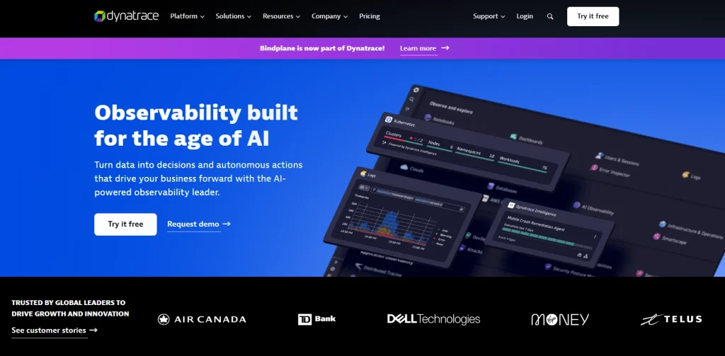 Dynatrace homepage hero banner with the headline “Observability built for the age of AI” and product interface panels showing logs, Kubernetes monitoring, dashboards, and AI observability features.