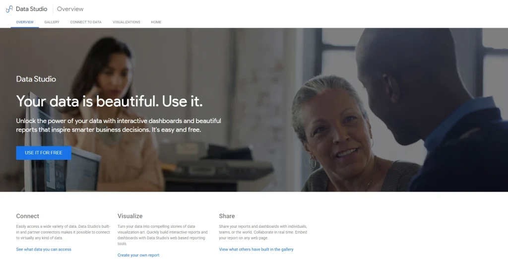 Google Data Studio homepage showing dashboard reporting and data visualization tools for business analytics and reporting.