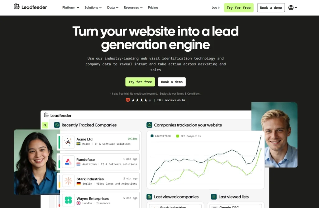 Leadfeeder platform dashboard showing website visitor identification, company tracking, lead generation analytics, and B2B sales intelligence features.