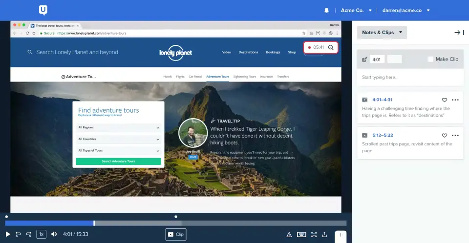 Session replay dashboard showing a travel website recording with playback controls, notes and clips panel, and highlighted user interactions on the page.