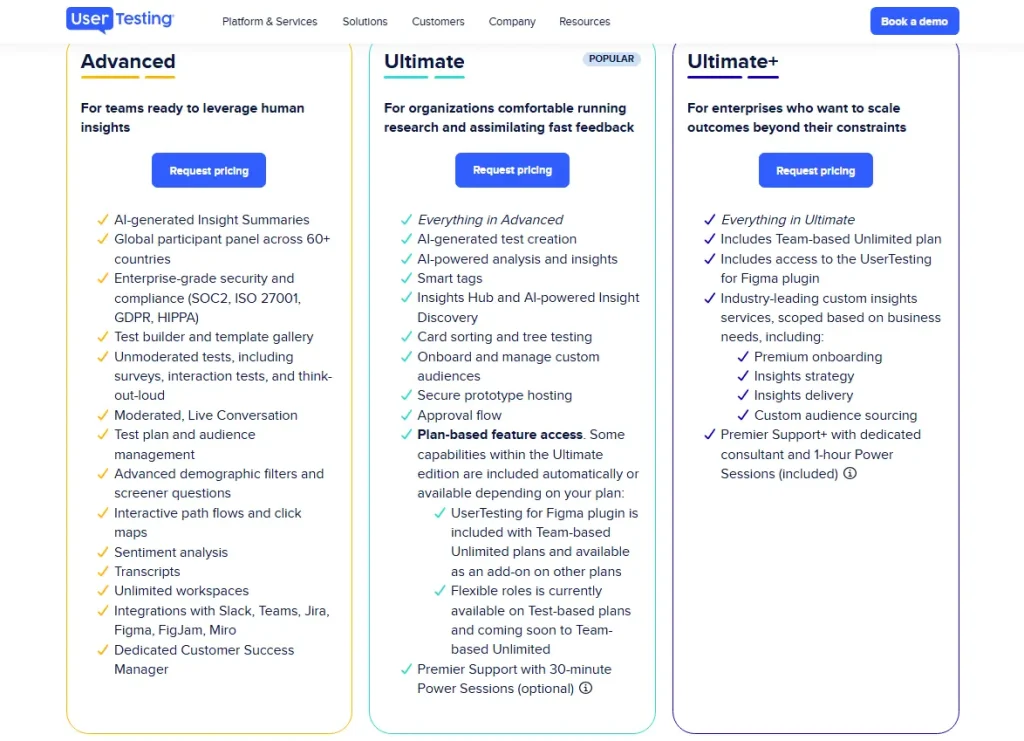 UserTesting pricing page showing Advanced, Ultimate, and Ultimate+ plans with enterprise research features, AI-generated insights, card sorting, tree testing, integrations, and support options.