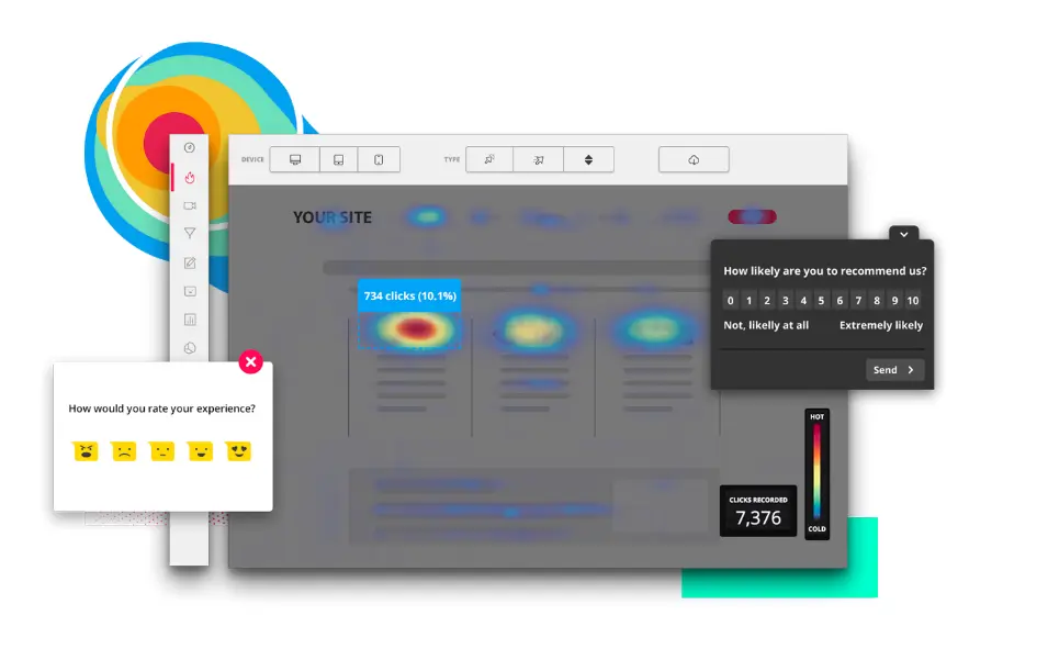 Hotjar illustration showing a website heatmap dashboard with user feedback widgets, an NPS survey popup, and an experience rating form.
