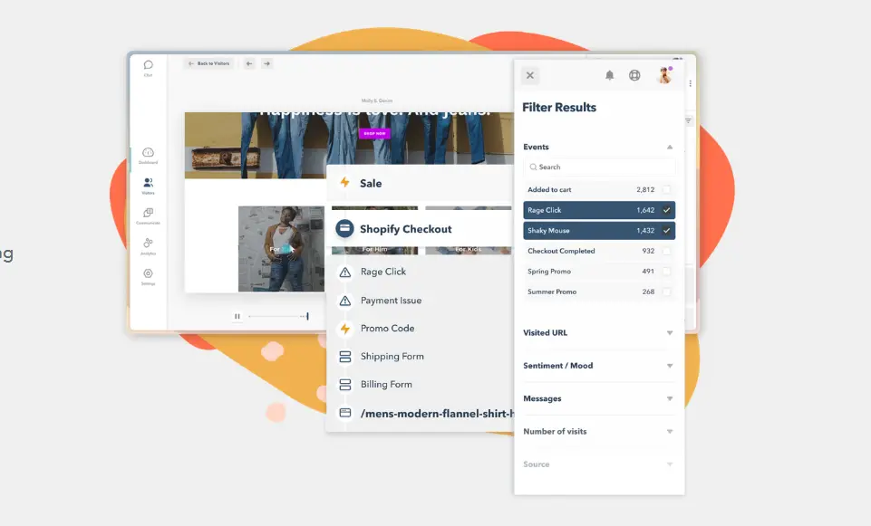 Lucky Orange dashboard showing session replay playback, Shopify checkout journey events, rage click detection, and a filter panel with event counts.