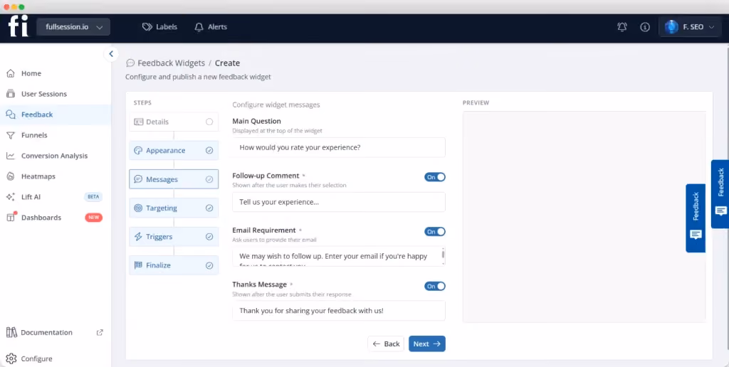 FullSession in-app feedback widget