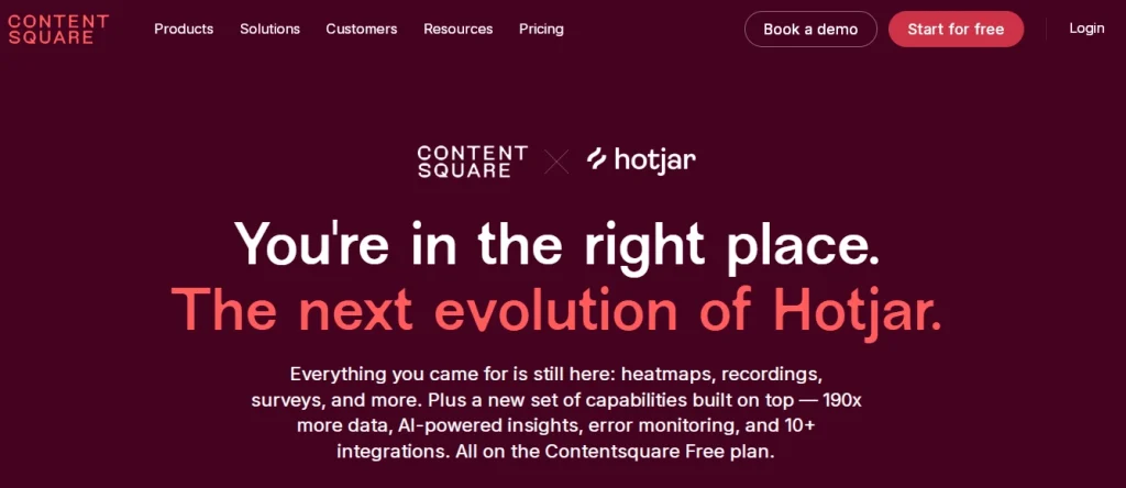 Screenshot of the Contentsquare and Hotjar landing page announcing “You’re in the right place” and “The next evolution of Hotjar,” with details about heatmaps, recordings, surveys, AI-powered insights, error monitoring, and the Contentsquare Free plan.