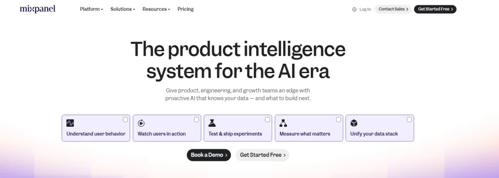 Mixpanel homepage hero section introducing its product intelligence system for the AI era, with options for user behavior, experiments, metrics, and data stack insights.