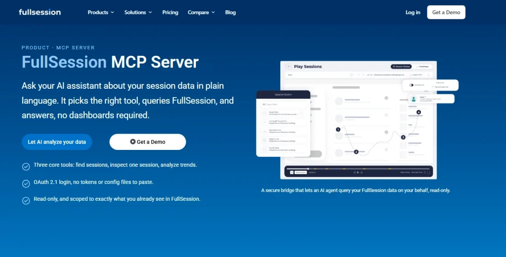 FullSession MCP Server product page showing how AI assistants can analyze session data, inspect user sessions, and answer questions without dashboards.