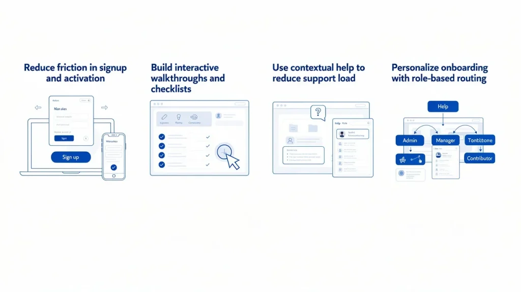 Illustration showing SaaS user onboarding strategies including signup friction reduction, interactive walkthroughs, contextual help, and role-based routing.