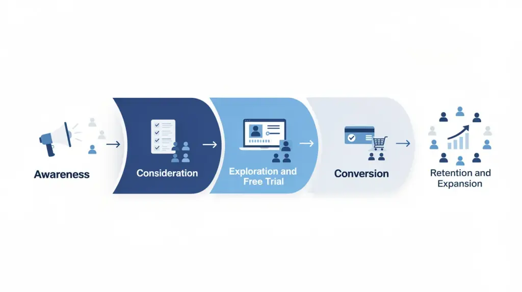 SaaS conversion funnel diagram showing awareness, consideration, exploration and free trial, conversion, and retention and expansion stages.