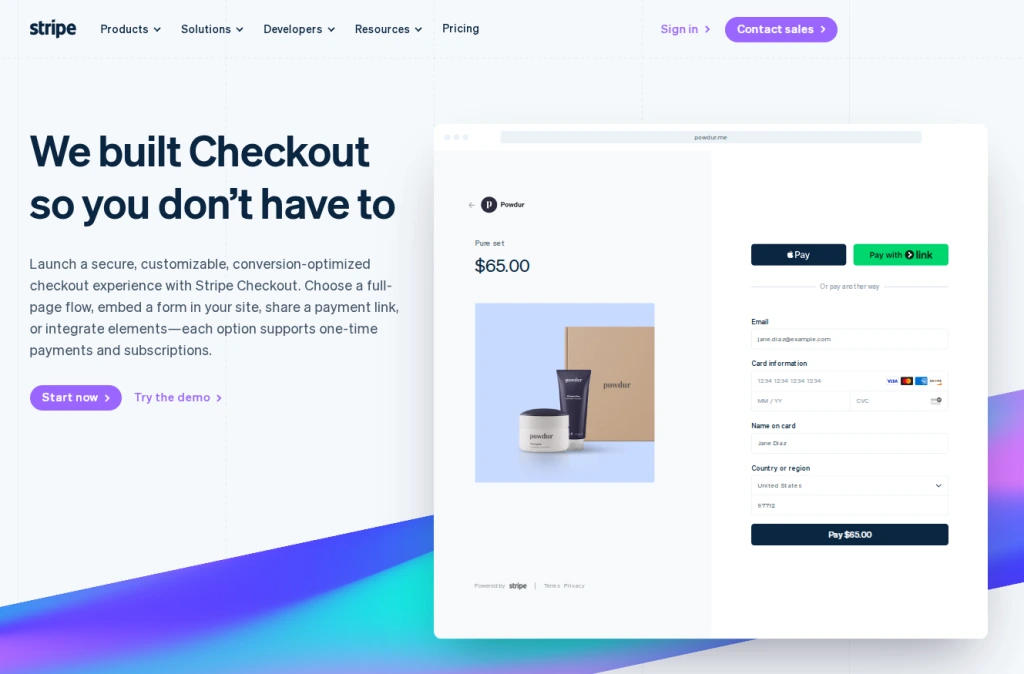 Stripe Checkout landing page showcasing customizable online payment and checkout experience optimized for ecommerce conversions.