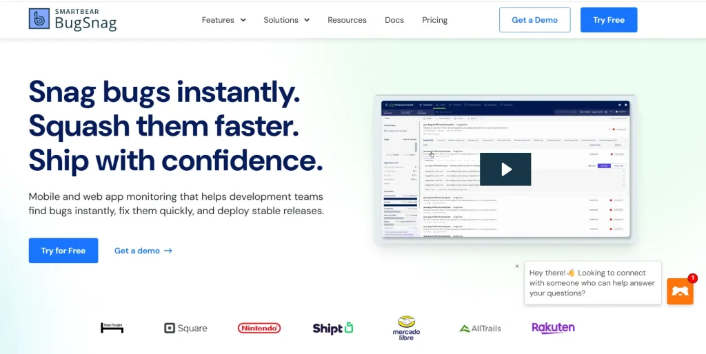 BugSnag homepage showcasing application monitoring and bug tracking software for mobile and web apps with messaging about detecting and fixing bugs faster.