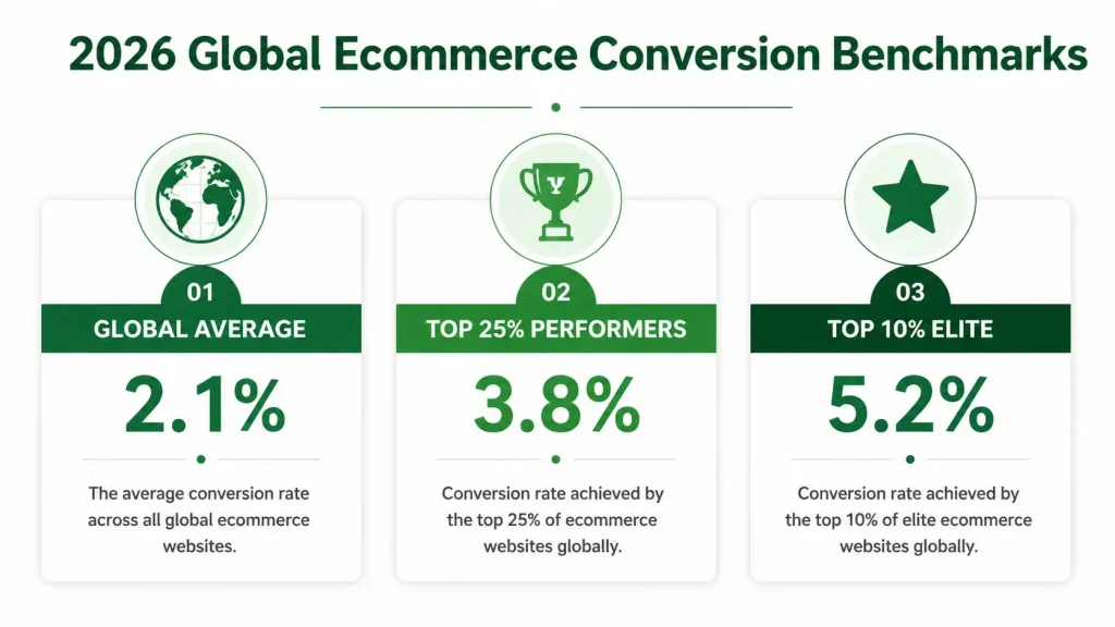 Infographic showing 2026 global ecommerce conversion rate benchmarks and top performer statistics