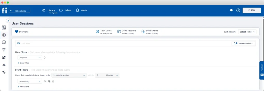 Preview of FullSession session filtering