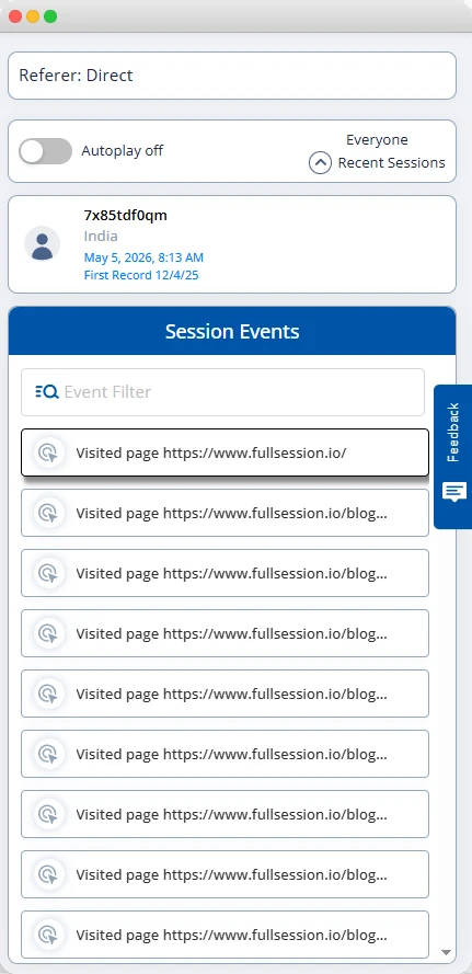 FullSession session events preview