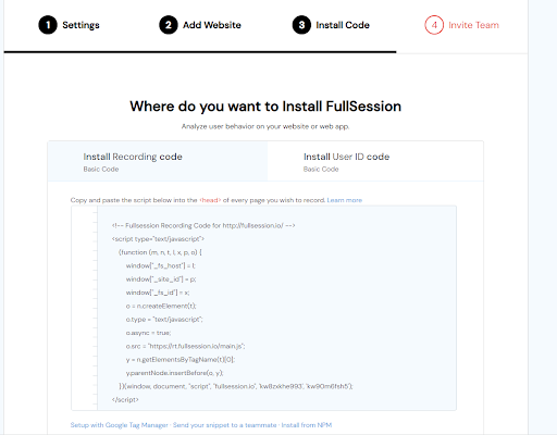 FullSession dashboard showing the install recording code step for adding session replay tracking to a website.