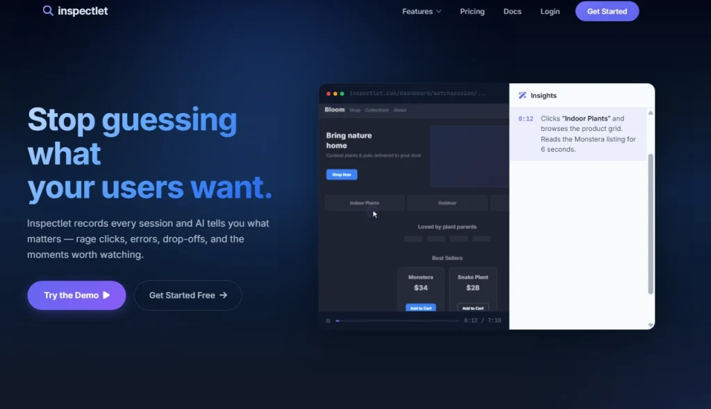 Inspectlet website homepage showing AI-powered session replay analytics dashboard with user behavior insights, rage clicks, errors, and drop-off tracking features.
