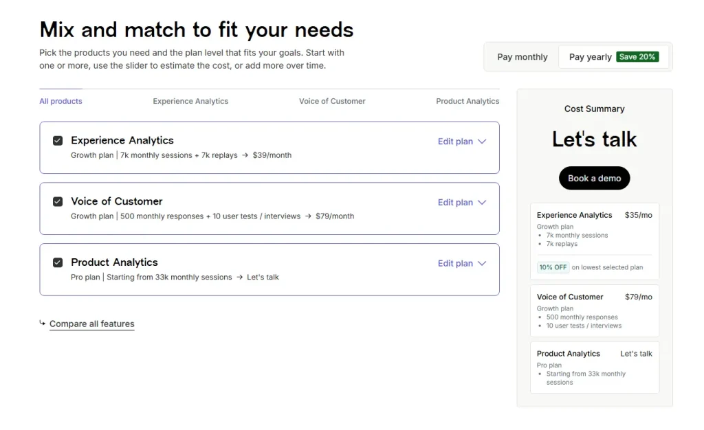 Hotjar pricing page showing selected products for Experience Analytics, Voice of Customer, and Product Analytics, alongside a cost summary with monthly pricing and a demo CTA.