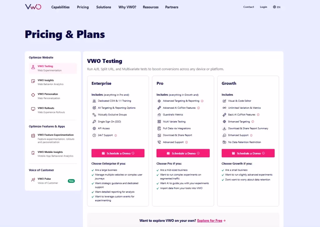 VWO pricing page showing Testing plans for Growth, Pro, and Enterprise with included A/B testing, targeting, reporting, support, and demo options.
