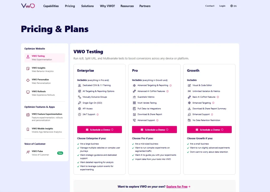 VWO pricing page showing Testing plans for Growth, Pro, and Enterprise with included A/B testing, targeting, reporting, support, and demo options.