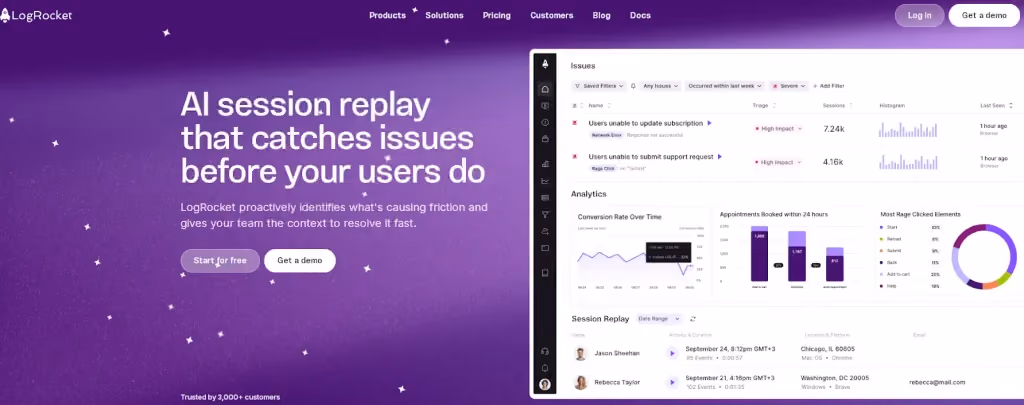 logrocket ai session replay dashboard