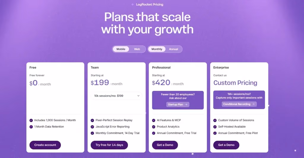 LogRocket Mobile Plans