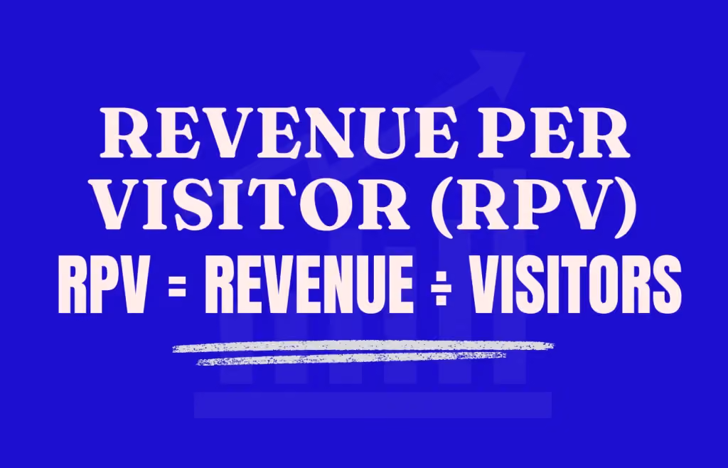 Graphic explaining Revenue Per Visitor (RPV) with the formula Revenue divided by Visitors and an upward growth chart background.