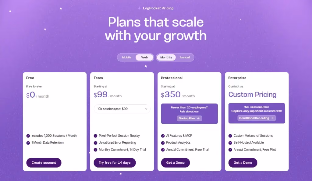 LogRocket pricing page showing Free, Team, Professional, and Enterprise plans with monthly pricing, session limits, data retention, session replay, product analytics, and demo options.