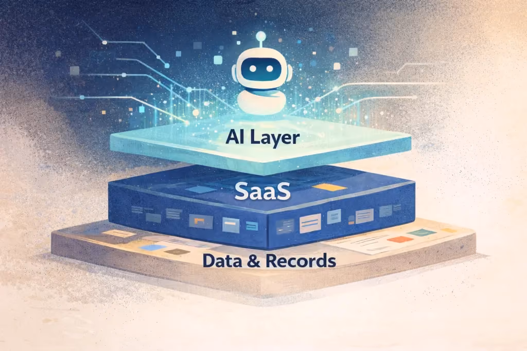 Illustration of an AI interpretation layer floating above a SaaS platform and underlying data and records.