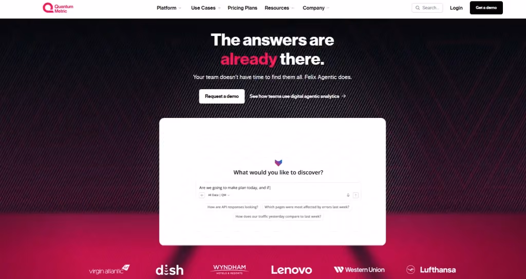 Quantum Metric homepage hero banner showing the headline “The answers are already there,” a demo CTA button, and a digital analytics interface preview on a dark pink gradient background.