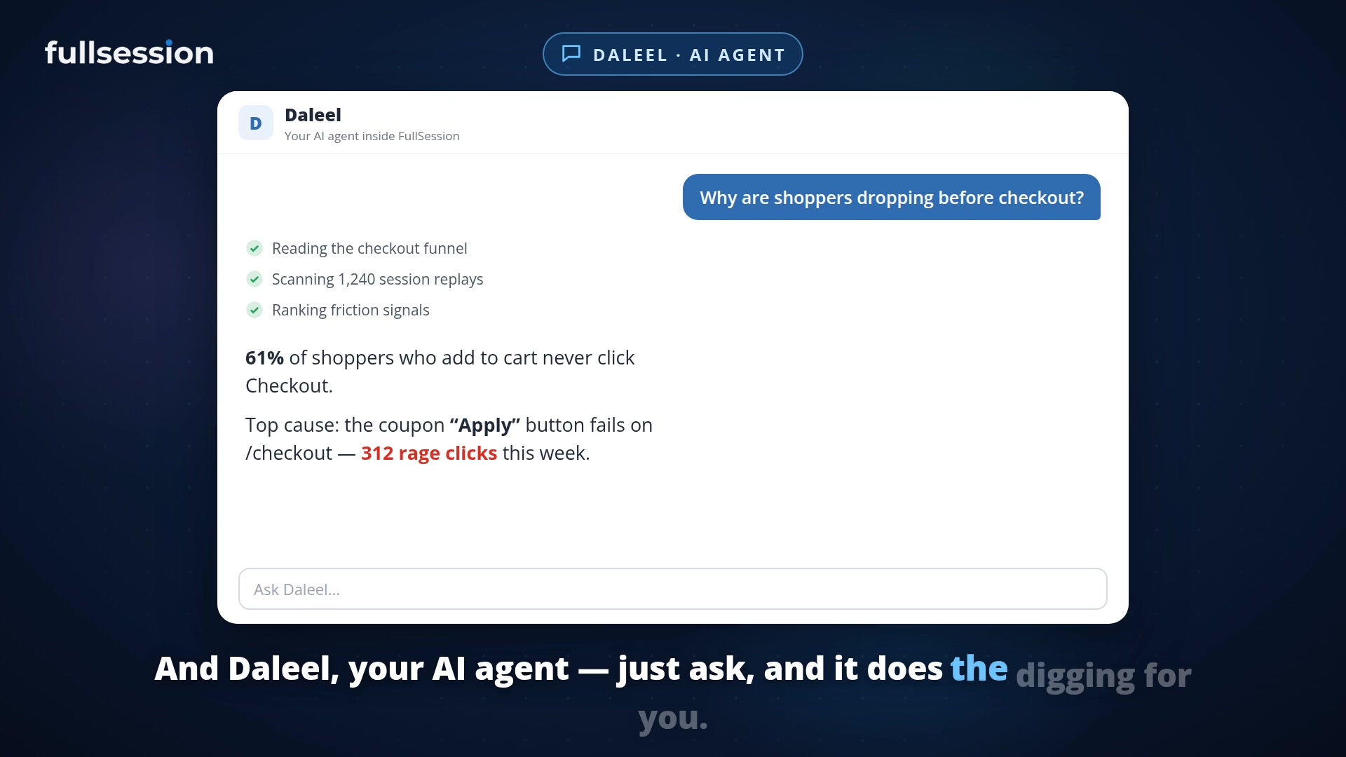 Daleel investigating a checkout question in the FullSession platform overview. Illustrative example.