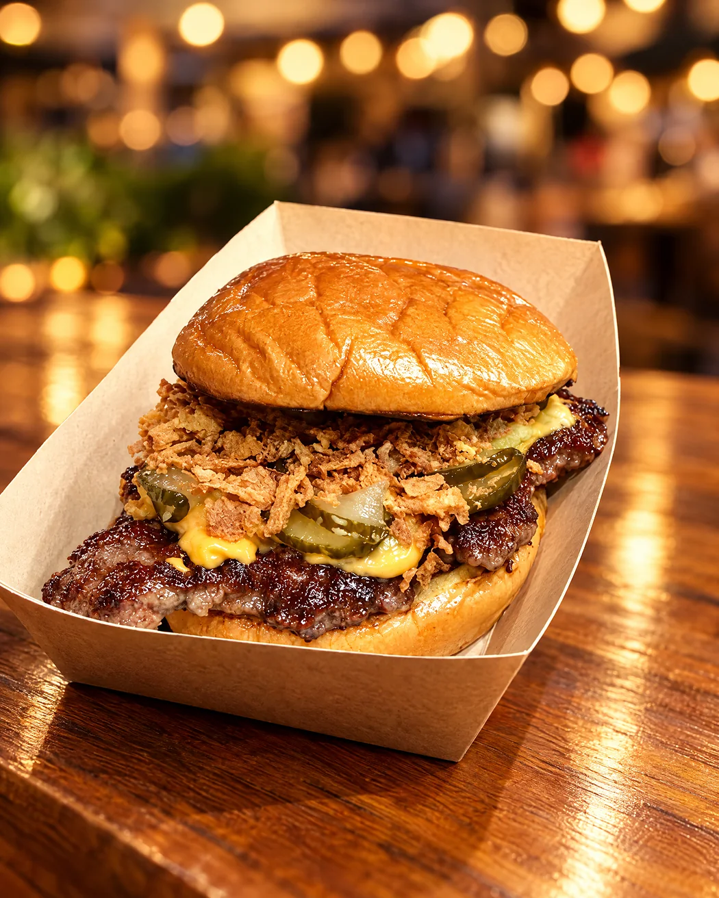 Smashed Burger mit Röstzwiebeln, Cheddar und Gurken in der Schale