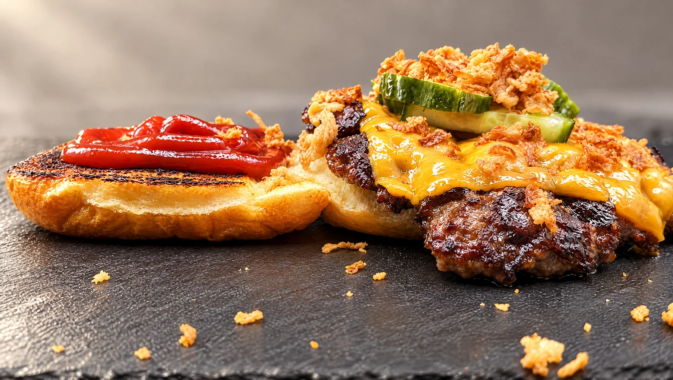Aufgeklappter Smashed Burger mit knuspriger Kruste, Cheddar und Röstzwiebeln