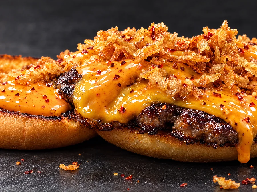 Burger mit Chili-Cheese-Soße und Röstzwiebeln