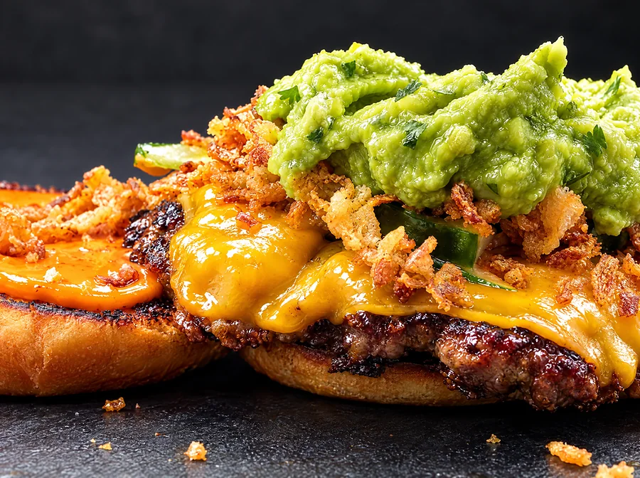 Burger mit Guacamole, Cheddar und Röstzwiebeln