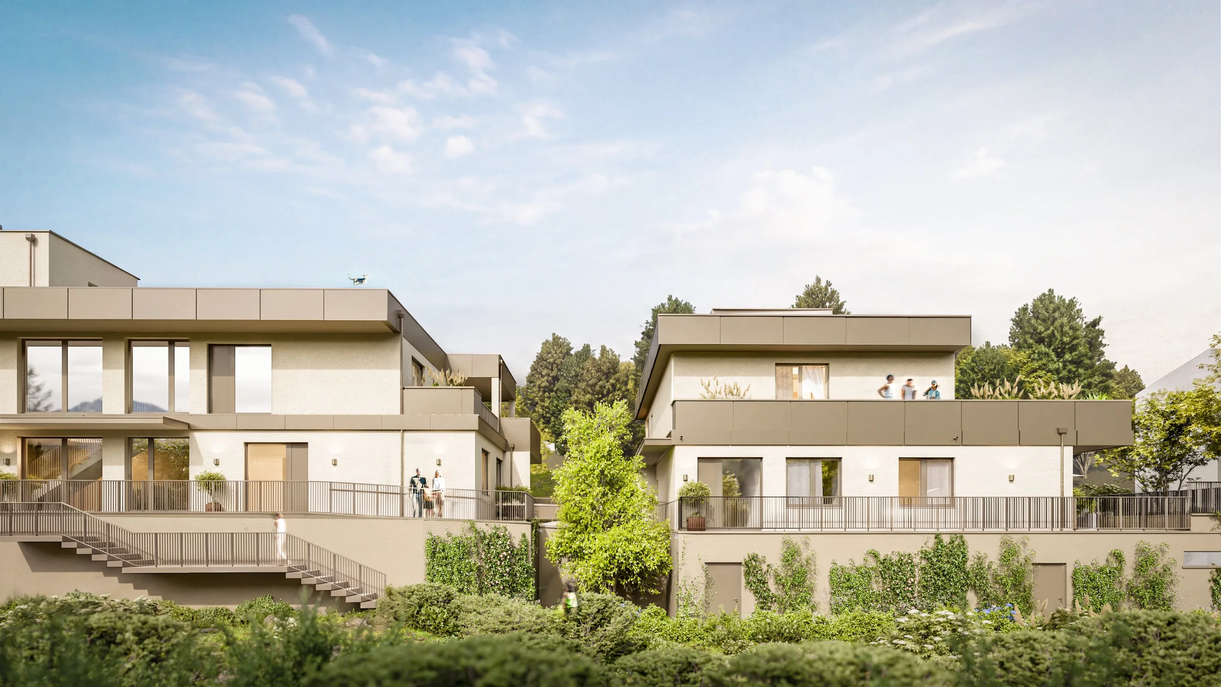 Ansicht der beiden Gebäude mit Terrassen