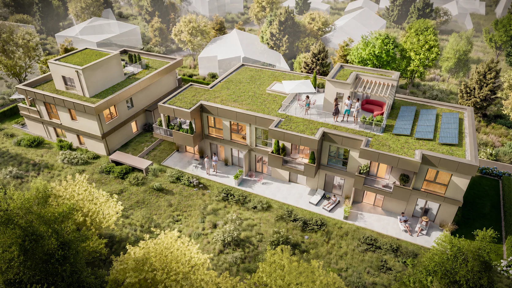 Luftbild mit Dachterrassen und Gartenterrassen