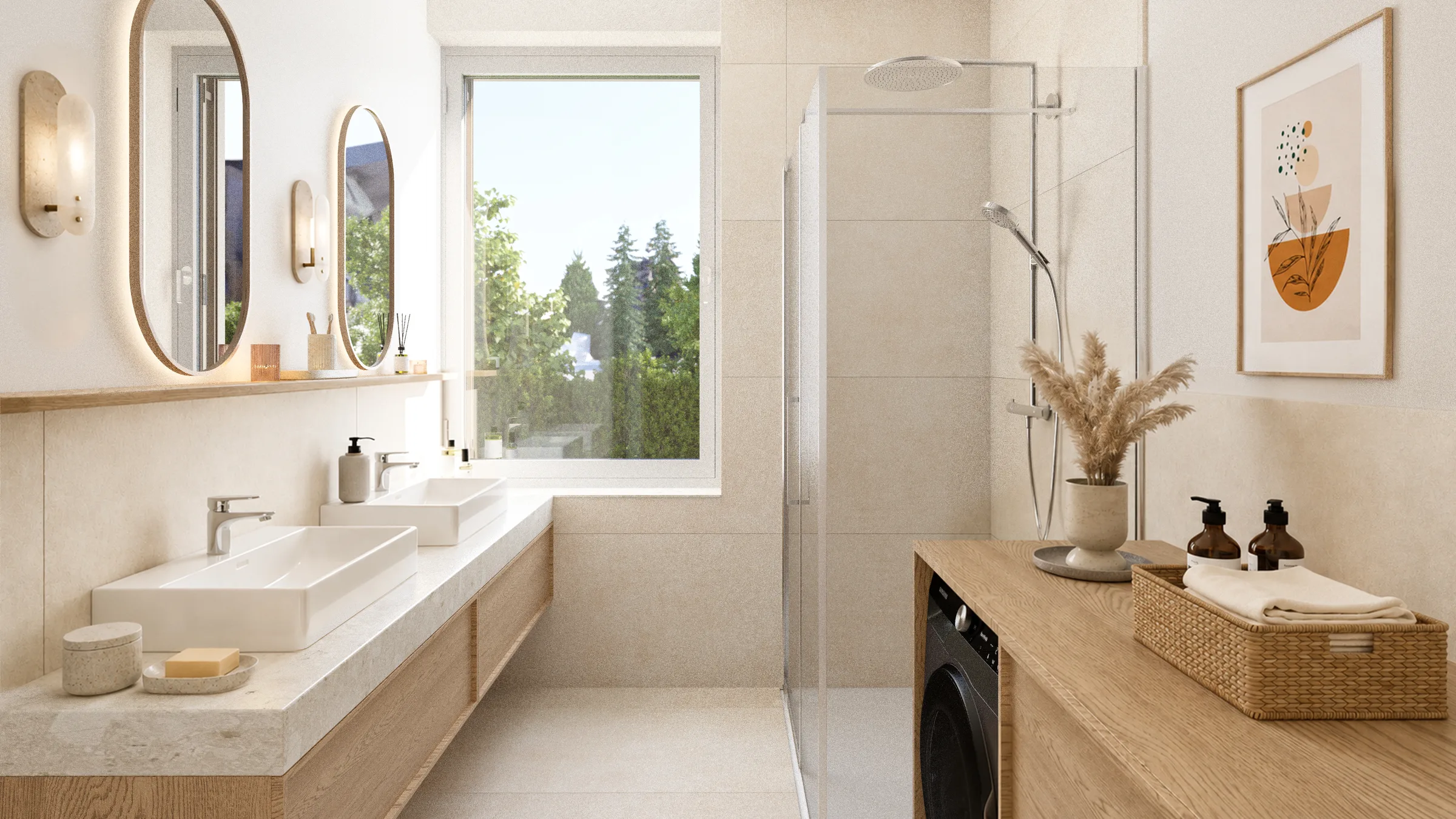 Badezimmer mit Doppelwaschtisch und bodenebener Dusche (Ausstattungsbeispiel)