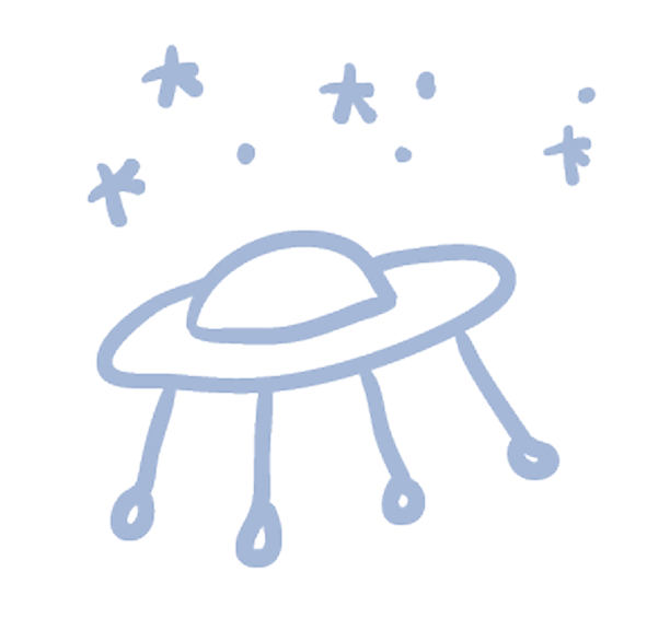 Simple blue line drawing of a UFO with lights beneath and stars in the background.