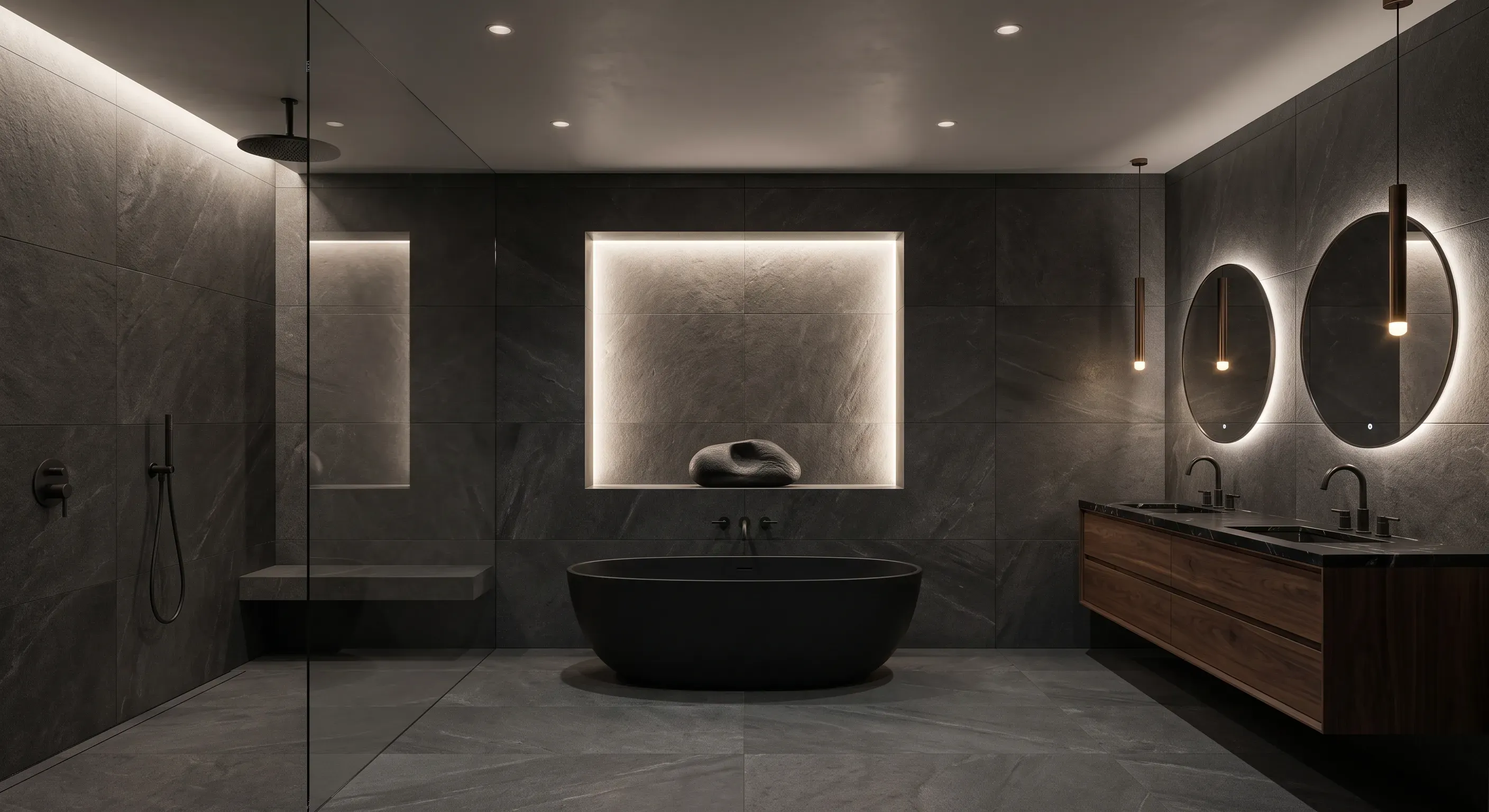 Bathroom remodel with custom tile, walk-in shower, and modern fixtures