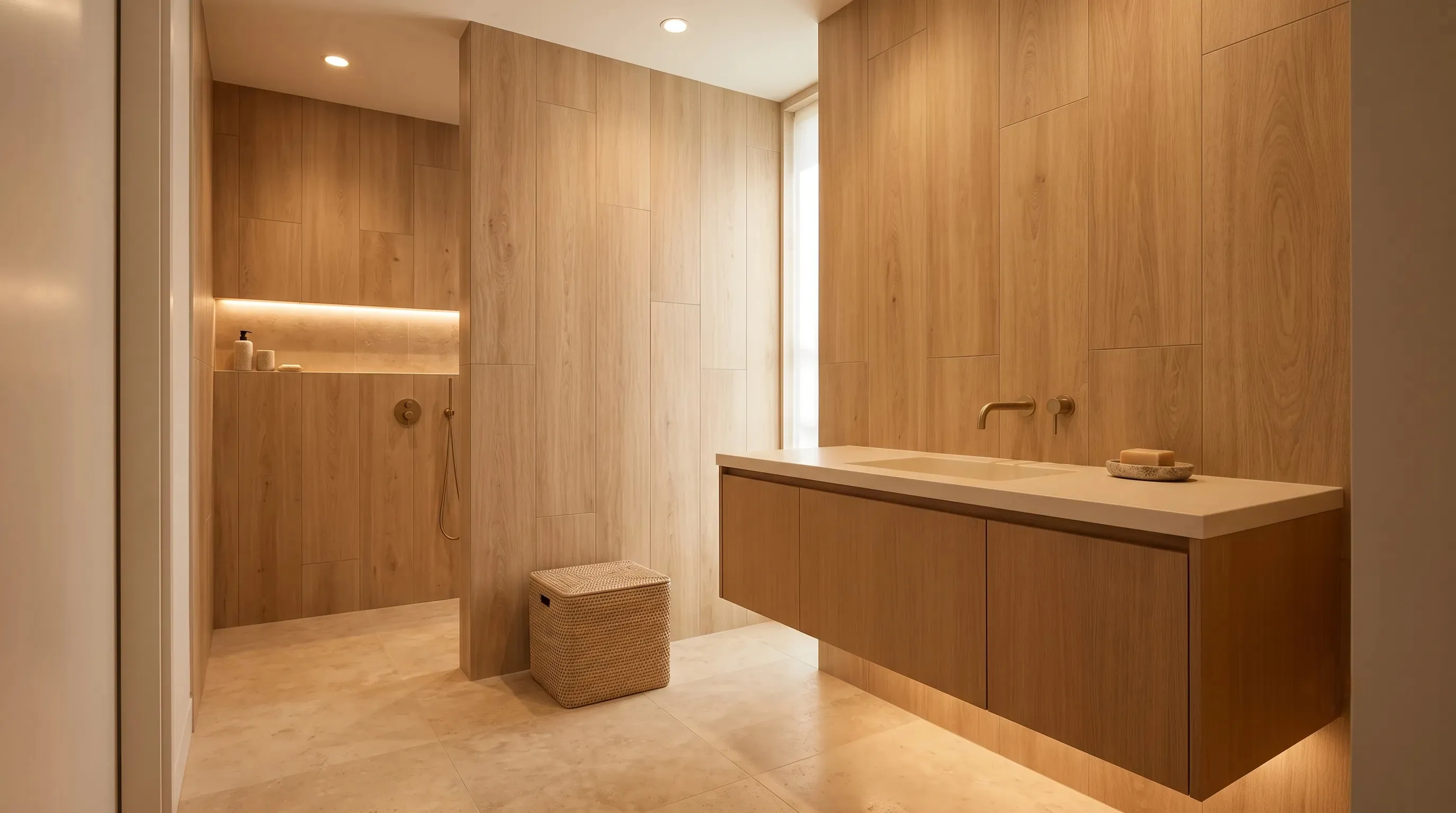 Warm minimal bathroom design style