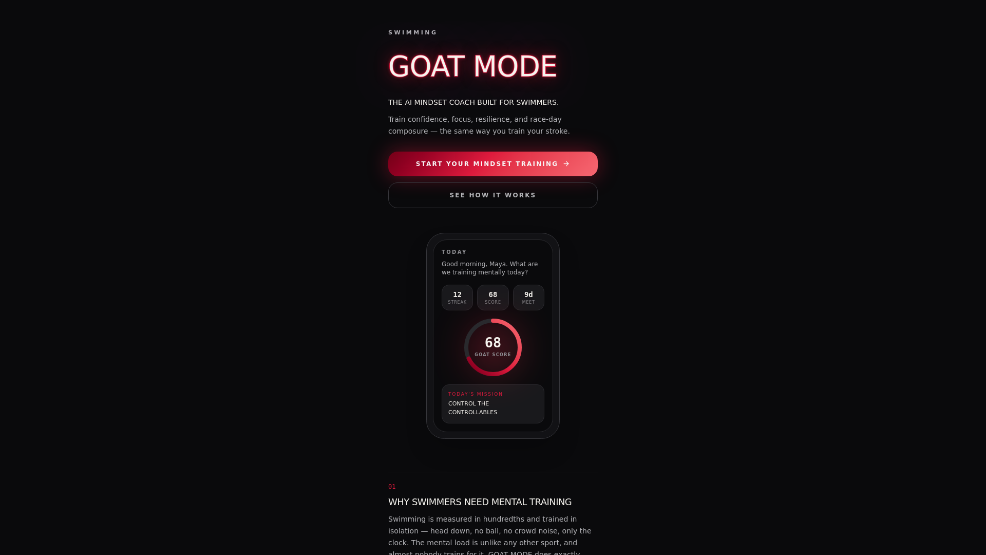Screenshot of the GOAT MODE app showing today's mindset mission and GOAT Score