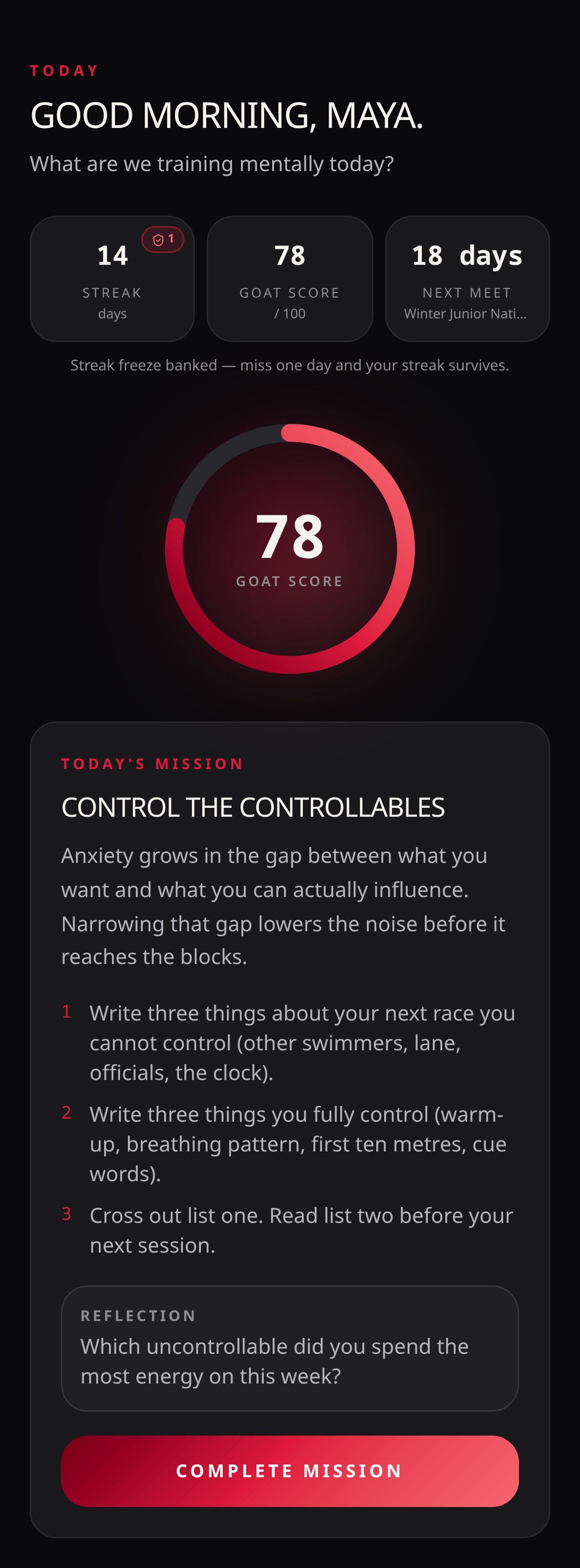 Screenshot of the GOAT MODE app showing today's mindset mission and GOAT Score