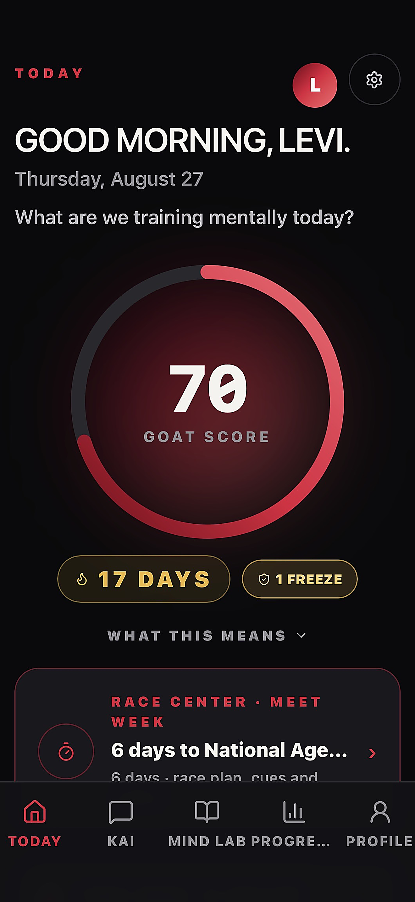 GOAT MODE Today screen